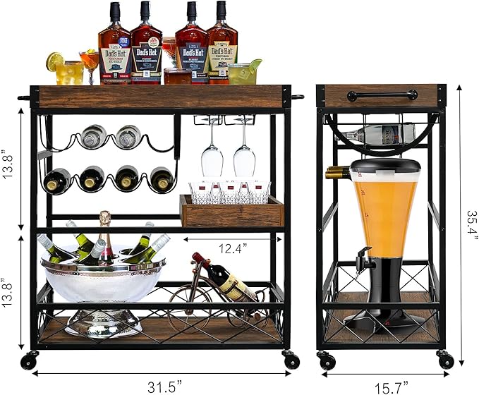 Bar Cart for The Home, 3 Tire Industrial Rolling Serving Cart on Lockable Wheels, Alcoholic Beverage Trolley with 2 Removable Trays, Wine Rack and Glass Holder for Indoor, Outdoor