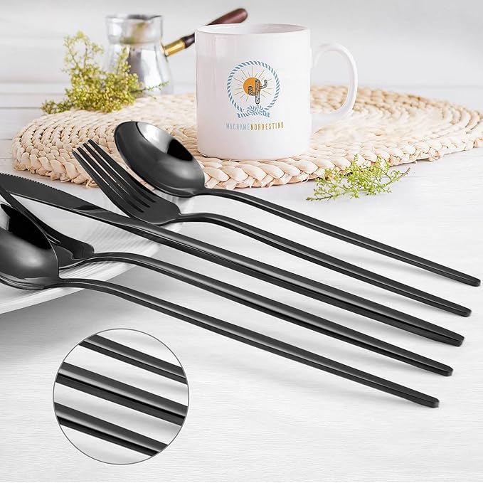 Black Silverware Set, KassKa 40 Pieces Flatware Cutlery Set, Stainless Steel Utensils Set Spoon Fork Knives Set for Home Restaurant and Kitchen, Mirror Polished Finished, Service for 8