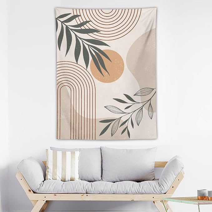 Abstract Boho Tapestry, Mid Century Tropical Tree Leaves Modern Geometric Arch Bohemian Botanical Tapestry, Home Aesthetic Wall Hanging Art Decor for Living Room Bedroom Dormitory 50x60 Inch