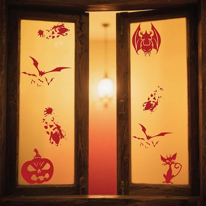 8 Sheets Halloween Window Clings, Bloody Handprint Footprint Window Stickers Scary Halloween Decorations Self Adhesive Wall Decal for Party Bathroom Car Door Zombi Restroom Sign Decals-85 Pcs