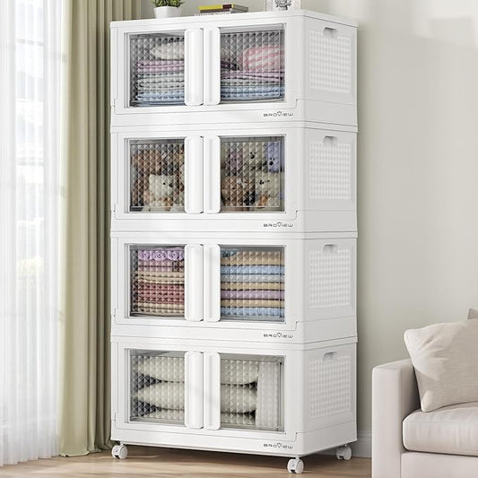 400Qt Stackable Storage Bins with Lids, 100Gal Closet Organizers and Storage Drawer, Plastic Collapsible Storage Bins with Doors, Heavy Duty Store Box Cabinet for Home Kitchen, 4Pack White