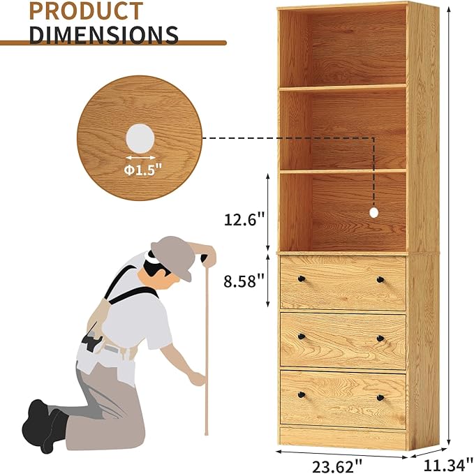 71" Tall Bookshelves Set of 2, Bookcases with Drawers, Bookshelves with Storage, Wooden Bookshelf with 3 Drawers & 3-Tier Open Shelves,Home Decor Furniture for Living Room,Bedroom,Home,Natural