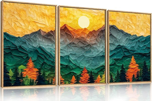 Abstract Mountain Framed Canvas Wall Art Set, Forest Pine Tree Golden Sunset Wall Decor, Mixed Patchwork Landscape Art Print for Living Room, Bedroom, Dining Room, Office - 16"x24"x3