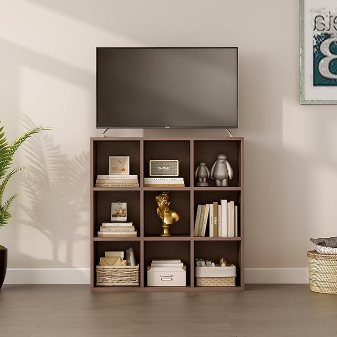 9-Cube Storage Shelf Bookcase - Wooden 3-Tier Floor Standing Open Bookshelf for Home and Office, Cuby Orgainzer, Walnut