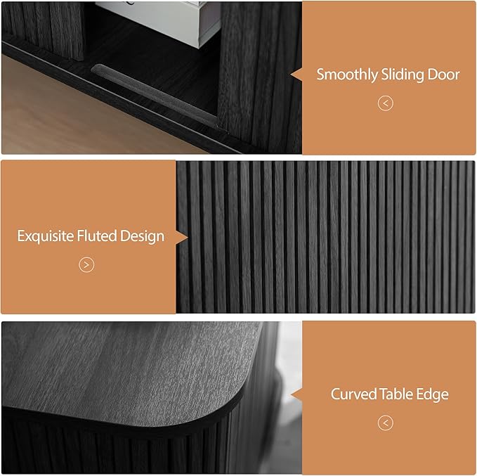 AVZEAR 24" Large Square End Table with Charging Station, Farmhouse Fluted Sofa Side Table with Sliding Tambour Door & Storage, Curved Rustic Wood Nightstand for Living Room, Bedroom, Black