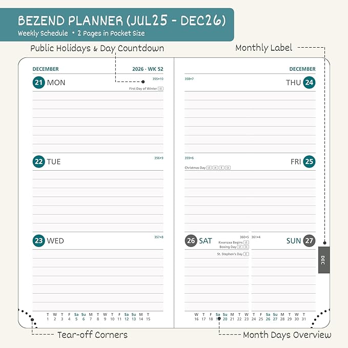 BEZEND Pocket Planner 2025-2026 Weekly and Monthly, 3.5" x 6" Academic Planner (Jul 25-Dec 26) 18-Month Mid-Year Calendar Book, Storage Pocket, Pen Holder, PU Leather Hardcover - Cornflower