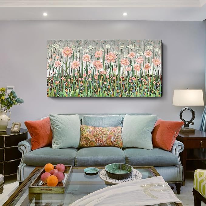 amatop Extra Large Floral Wall Picture for Living Room Modern Botanical Canvas Prints Flower Field Wall Decor Abstract Nature Art Wildflower Garden Pink Green Stretched Artwork Bedroom Office 58x29 in