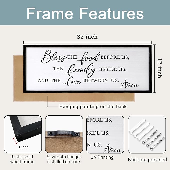 Bless the Food Before Us, the Family Beside Us, and the Love between us Framed Wall Art for Christian God Jesus Christ Prayer, 32''×12'' Positive Holy Religious Rustic Bible Verse for Dining Room