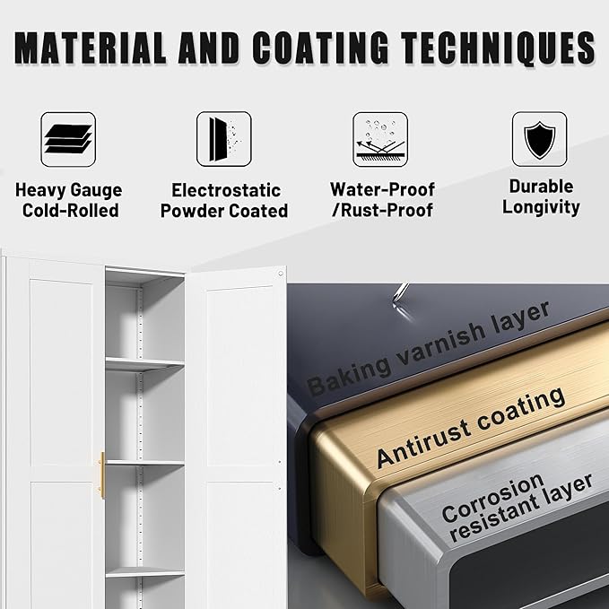 71" Tall Metal Pantry Storage Cabinet with Doors and 4 Adjustable Shelves, White Kitchen Food Pantry Cabinets, Tall Freestanding Cupboard for Kitchen, Dining Room or Living Room