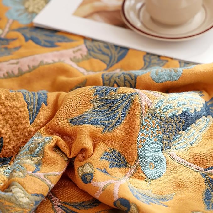 Boho Muslin Blanket for Adults 4-Layer Gauze Twin Size Soft Cozy 100% Cotton Summer Cooling Blanket Floral Decor for Sofa Bed Coverlet Both Sides (Flowr Branch Orange, Twin 60 x 80 in)