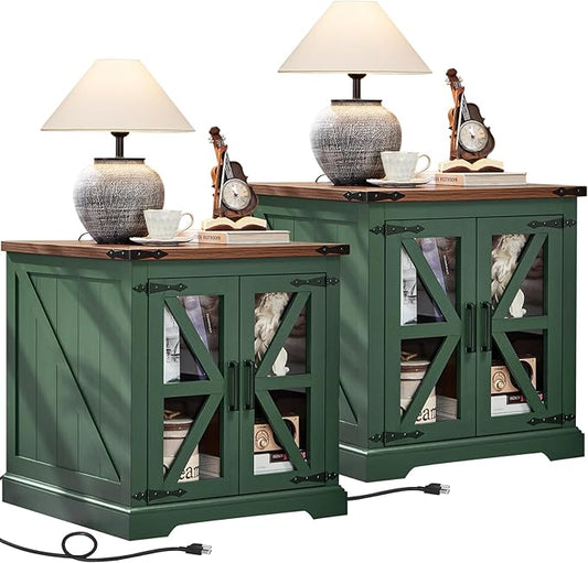 24" End Table Set of 2 with Charging Station, Farmhouse Night Stand with Glass Barn Door, Nightstands with Adjustable Storage Shelf, Large Wood Square Bed Side Table for Living Room, Bedroom