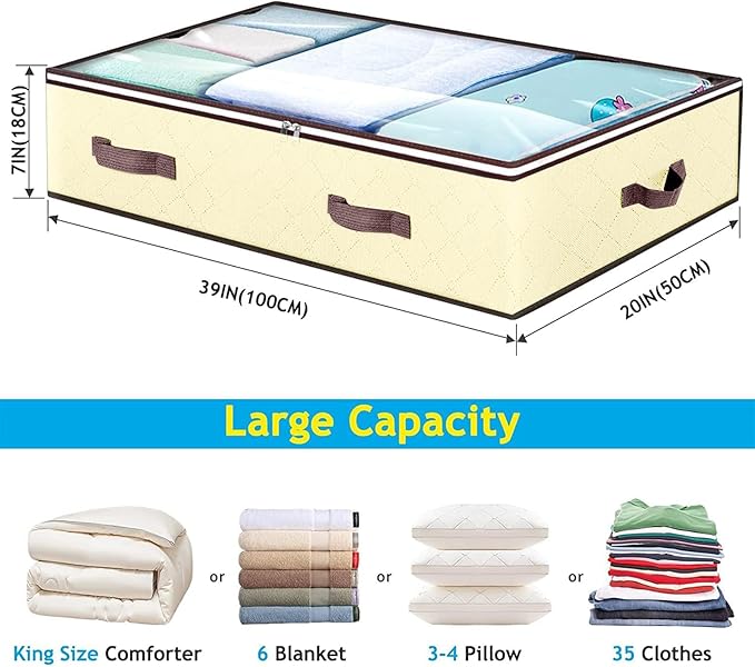 90L Under Bed Storage Containers, Closet Organizers and Storage Bins, Foldable Underbed Storage Bags for Blankets, Towels, Comforter, Sweaters, Pillows, Linen Sheets, Wrapping Paper, 4 Pack Beige