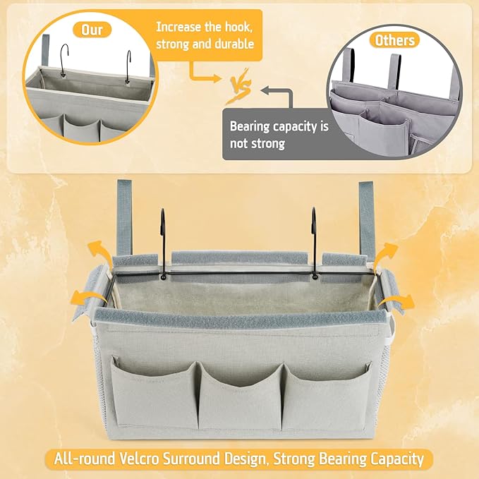 Bedside Storage Organizer with Fixed Straps and Water Bottle Holder for Home, College, Dorm, Bunk / Hospital Bed, Crib Bed Rails (Grey)