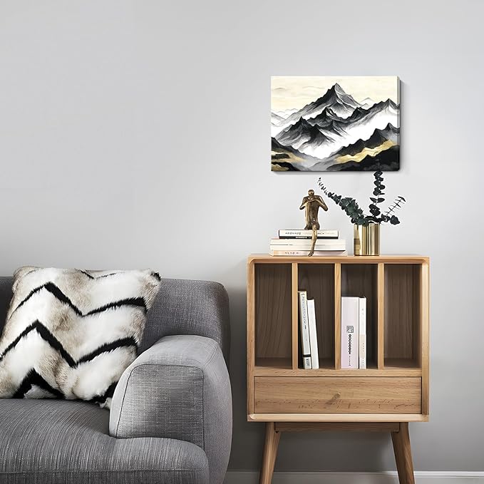 amatop Black and White Mountain Wall Art – Minimalist Modern Landscape Canvas Print Nature Scene Picture Bathroom Bedroom Office Wall Decor, Small Tranquil Misty Hills Zen Artwork for men, 16x12 Inch