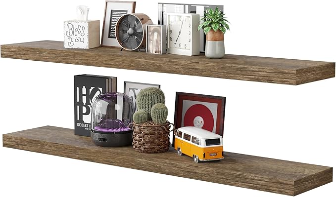 BAMEOS Floating Shelves,Wall Mounted Wooden Shelves with Invisible Brackets Set of 2, Hanging Wall Shelves Decoration for Bedroom, Bathroom, Living Room and Kitchen