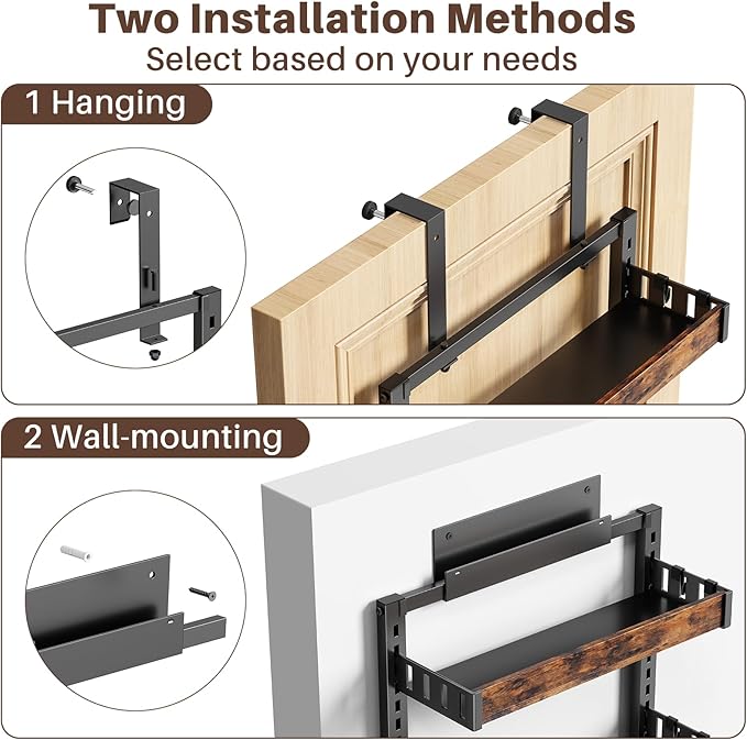 6 Tier Over The Door Pantry Organizer, 2 IN 1 Wall Mount or Metal Hanging Spice Rack for Pantry Organizers and Storage, Seasoning Shelves，Adjustable Basket with Hooks for Kitchen, Bathroom,Laundry