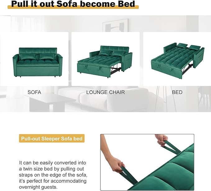3 in 1 Sleeper Sofa Bed, Futon Sofa Bed for Living Room with Side Pocket, Green Sleepers Sofas Couch with Pullout Beds, Convertible Love Seat Sleepers Couch for Living Room, Bedroom