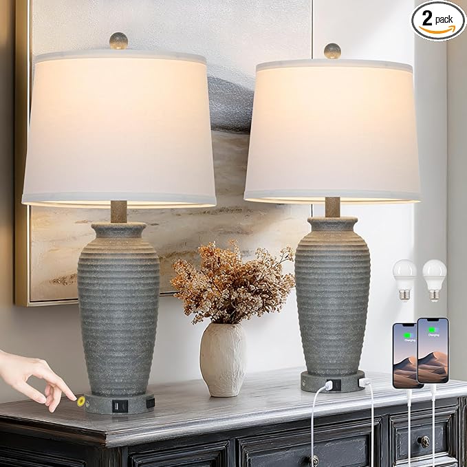 25" Grey Vintage Table Lamp Set of 2 Farmhouse Jar Table Lamps for Living Room，Touch Bedside Lamps with USB A+C Ports & AC Outlet, Pot Nightstand Lamps for Bedroom Living Room (LED Bulbs Included)