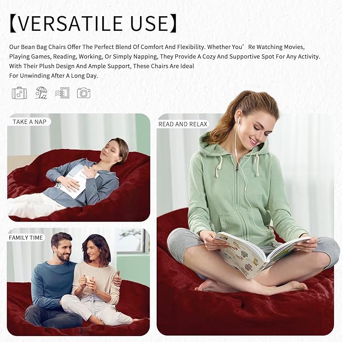 Bean Bag Chair for Adults 4FT,Soft Removable Cover for Teens/Girls Bedroom,Fluffy Giant Round Floor Beanbag Lounger Chairs (No Filler,Claret)