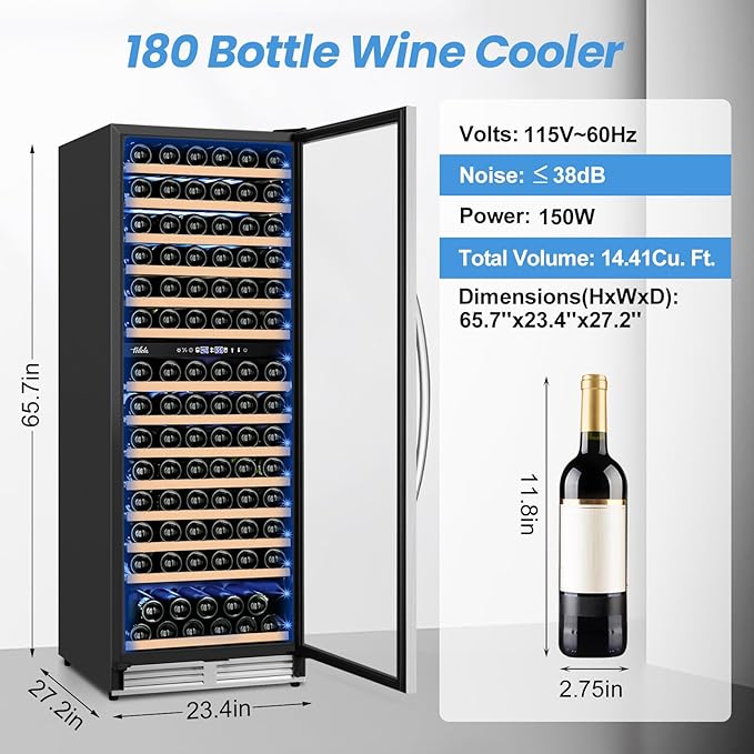180 Bottles Wine Fridge 24 Inch Dual Zone Wine Cooler Refrigerator Freestanding Wine Refrigerator with Glass Door and Safety Lock, Large Wine Cellar for Home, Office, Kitchen