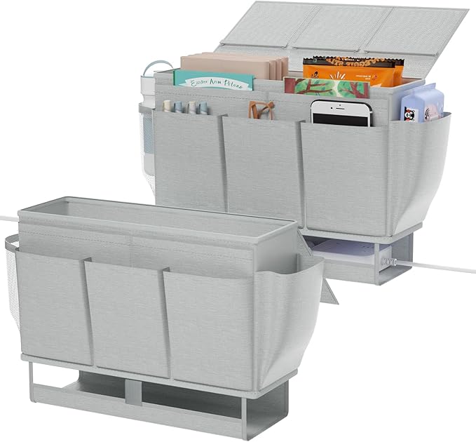 Bedside Caddy, Bed Organizer with 11 Pockets and Power Strip Holder, Versatile Bedside Storage Caddy for Home,Dorm,Bunk,Hospital,Crib Bed (2 Pack Grey)