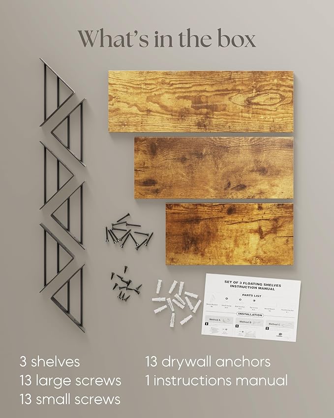 BAYKA Wall Shelves for Bedroom Decor, Floating Wall Shelves for Living Room Kitchen Storage, Wall Mounted Rustic Wood Floating Shelves for Kids Books,Corner Shelves for Bathroom(Set of 3)