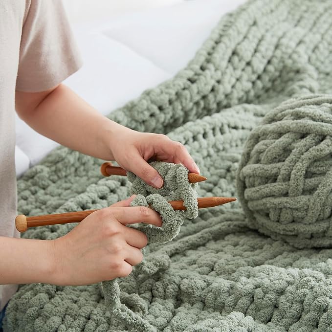 Amélie Home Chunky Knit Throw Blanket for Couch, Soft Chenille Crochet Blanket for Sofa, 50"x60", Sage Green