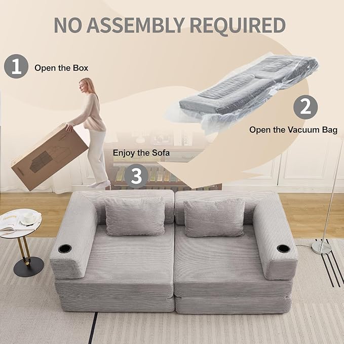 78" W Loveseat Sofa, 4 in 1 Convertible Floor Sofa Bed, Boneless Cloud Couch with Cup Holder, Fold Out Floor Couch, Loveseat Recliner Sleeper for Living Room Bedroom Lounge(Corduroy, White)