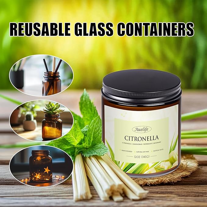 Auelife Citronella Candles Outdoor, 12oz Large 3-Wick Candle for Outside Patio Camping & Garden, Natural Soy Wax Citronella Candle for Summer Gift, Long Lasting for Indoor Home Scented, 50+ Hour Burn