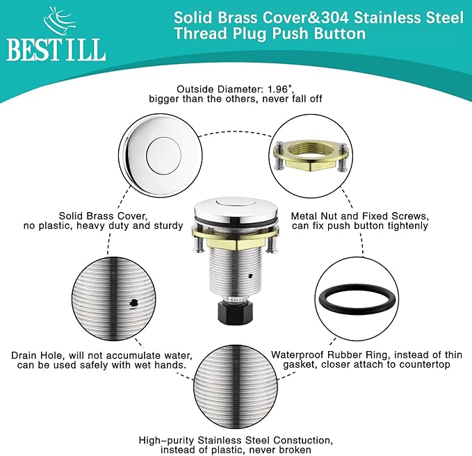 BESTILL Garbage Disposal Air Switch Kit - UL Listed, Brass 2.95" Short Sink Top On/Off Switch Button for Food Waste Disposer, Chrome, Compatible with all Garbage Disposals