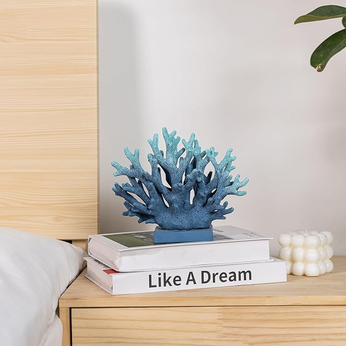5.8" H Blue Coral Decor, Resin Coral Statue, Nautical Decorations for Home, Beach/Coastal/Ocean Themed Cabinet Shelf Tabletop Decor