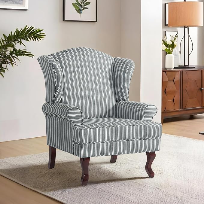 Accent Chair, High Back Upholstered Armchair with High Resilience Sponge & Wood Legs, Mid-Century Modern Comfy Single Sofa Reading Chairs for Living Room, Bedroom (Stripe Grey, Set of 1)