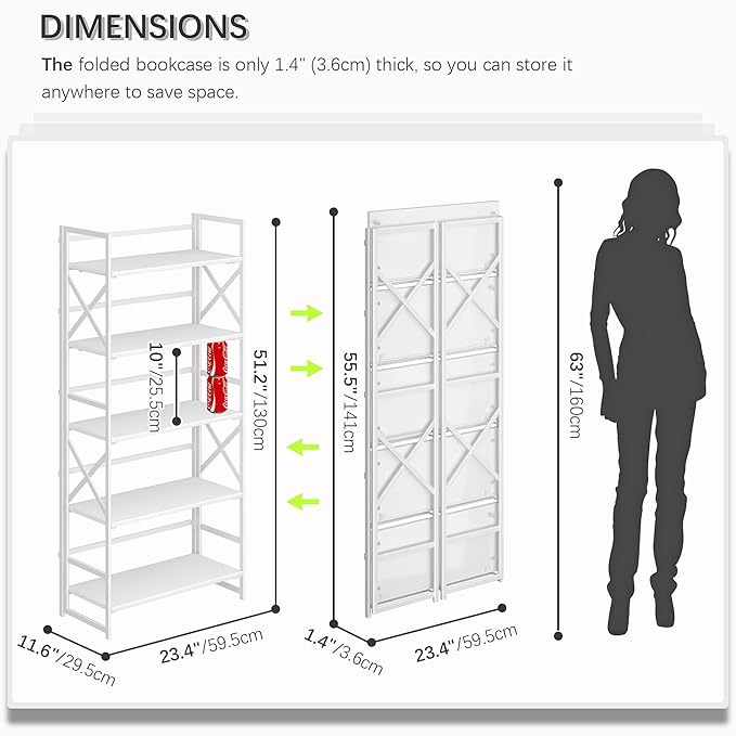 4NM 5 Tiers No Assembly Book Shelves, 51.2" H Folding Bookshelf Bookcase Open Industrial Foldable Shelves for Bedroom, Living Room, Home Office - All White