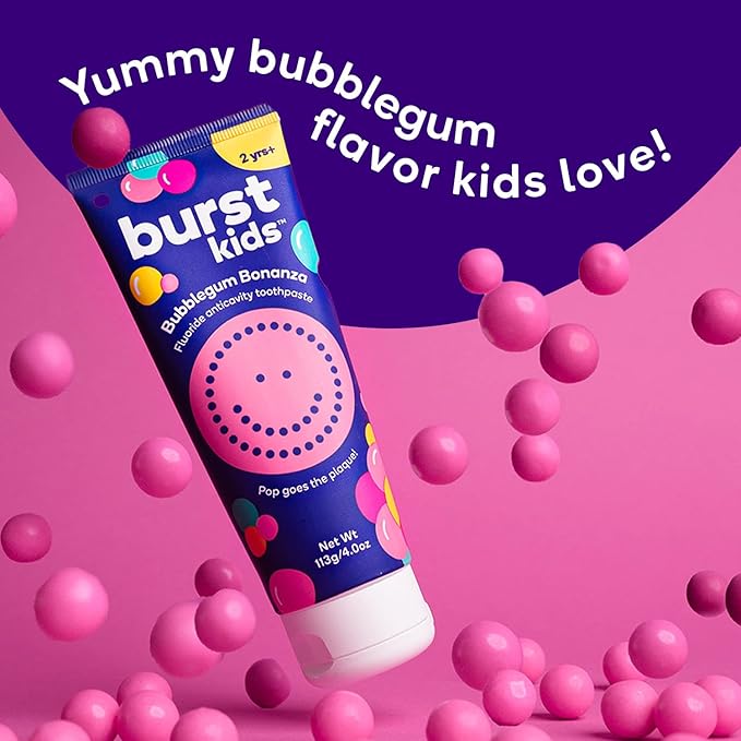 BURST Bubblegum Bonanza Kids Toothpaste with Fluoride (4oz/2 Pack) | Great Tasting Flavored for Children & Toddlers | Anticavity | Dye Free & Vegan | Safe for Kids Ages 2+