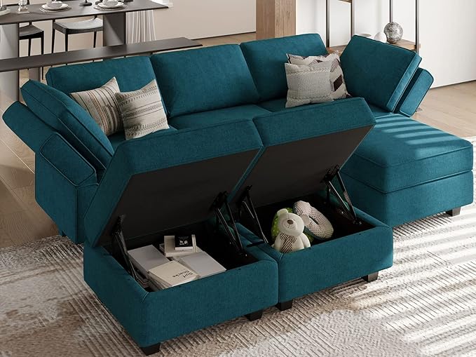 Belffin Terry Fabric Modular Sectional Sleeper Sofa Bed with Storage Convertible Sectional Couches for Living Room 6 Seaters Peacock Blue Modular Sofa