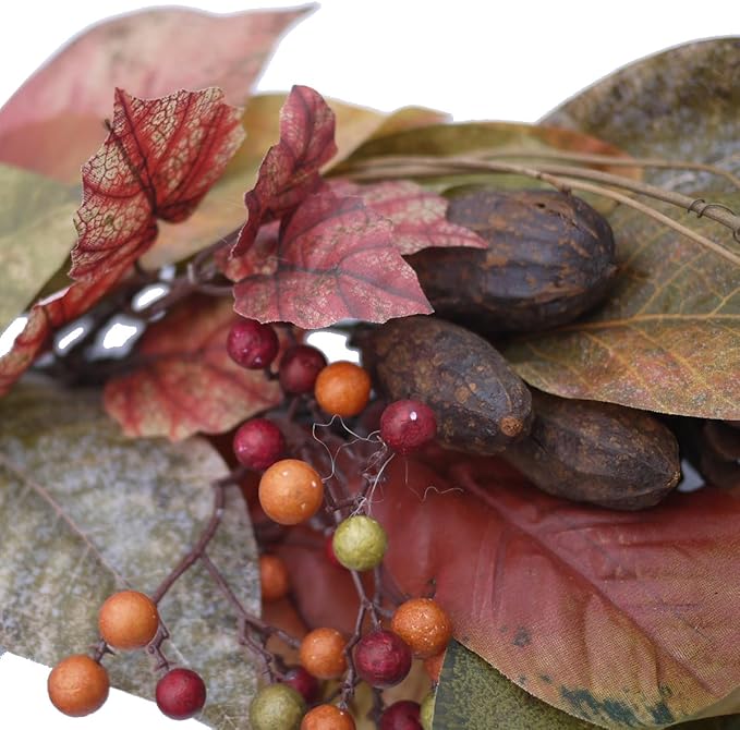 Admired By Nature 24 Inch Artificial Fall Magnolia Leaf Vine Berry Wreath Autumn Leaves For Wall Fornt Door Home Office Farmhouse Thanksgiving Harvest Cemetery Wreaths Indoor Outdoor, Orange-Pinecones