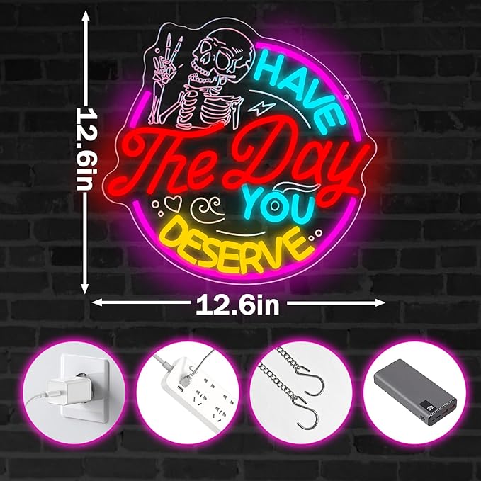 Have The Day You Deserve Neon Sign,Funny Skull Neon Signs For Wall Decor,USB Dimmable LED Neon Light signs for Bedroom,Party, Bar, club,Living Room Halloween Decoration Gifts