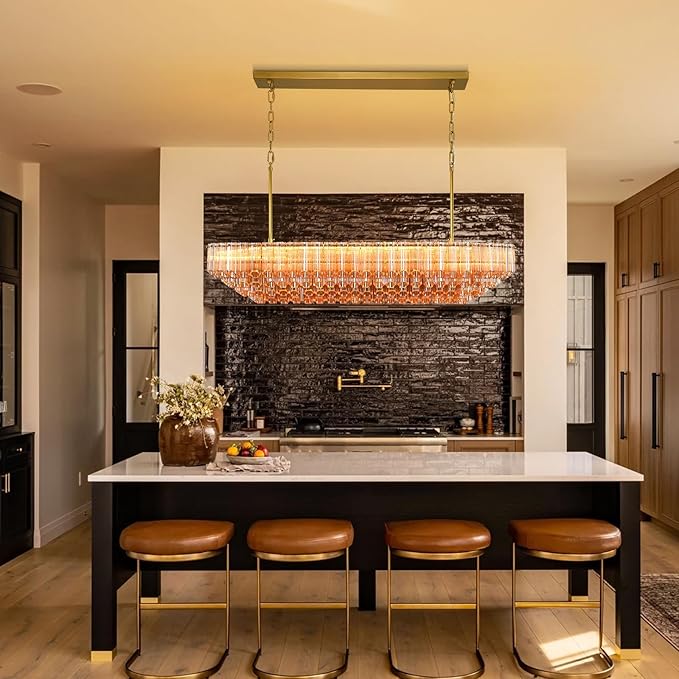 Amber Glass Chandeliers for Dining Room Over Table, 43" Modern Rectangular Dining room Chandelier, Honeycomb Layered Crystal Kitchen Island Long Chandelier Gold Dimmable Ceiling Light for Kitchen