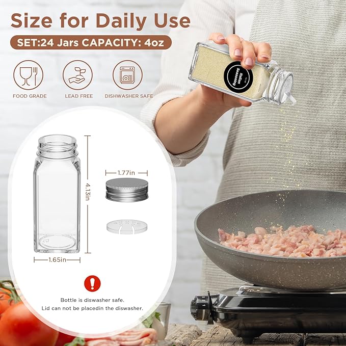 4 Pack Magnetic Spice Rack with 24 Spice Jars, Spice Labels, Chalk Marker and Funnel Set, Magnetic Spice Organizer Shelf for Refrigerator, Microwave, Seasoning Organizer for Kitchen