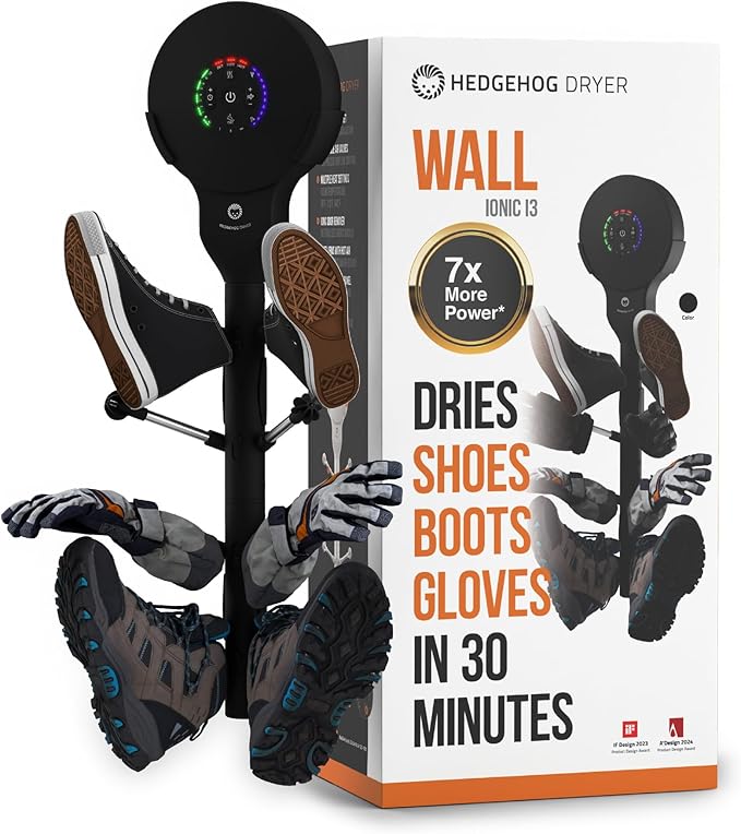 Hedgehog Portable Shoe Dryer and Deodorizer for Sneakers Wall Mounted, Gloves & Mittens, Rapid 4 Pair Shoes Dryer, Turbocharged Drying, Silent & Tornado Mode, Adjustable Heat Blower, Black