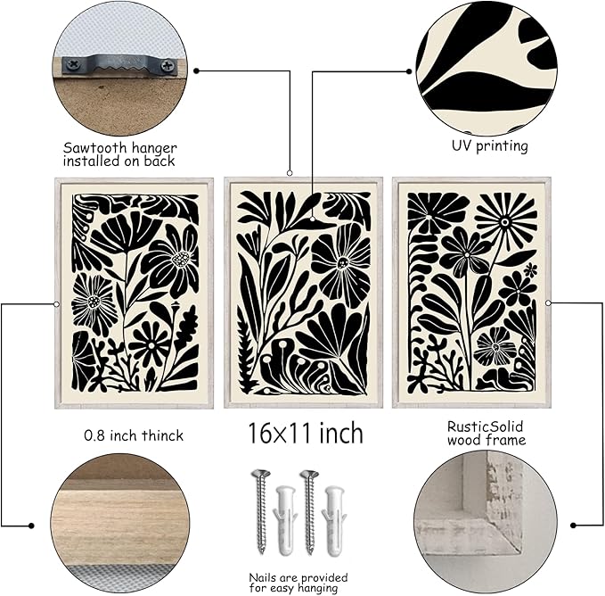 Abstract Floral Botanical Wall Art 16x11 Inch 3 Piece Black Vintage Boho Plant Flower Minimalist Wood Frame Sign Home Living Room Family Office Mid Century Print Wall Hanging Decor (White)