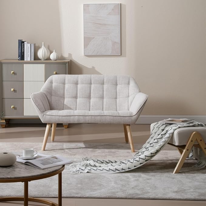 48" Small Loveseat Sofa, Modern Linen Fabric Mini Sofa Couch 2-Seater Love Seat with Quilting Backs and Wood Legs for Living Room, Bedroom and Small Space, Beige