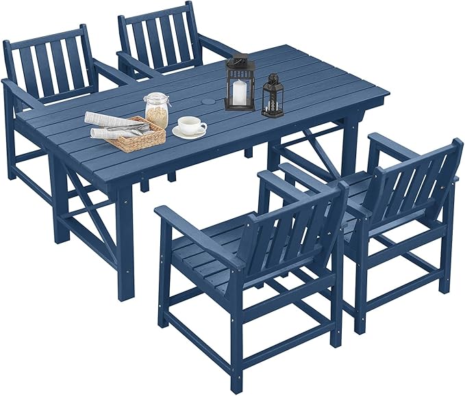 HDPE Patio Dining Set, 5-Piece Outdoor Table and Chairs with Umbrella Hole, Modern Outdoor Dining Set for 4, HDPE Outdoor Patio Furniture Dining Sets for Deck, Poolside, Porch, Navy