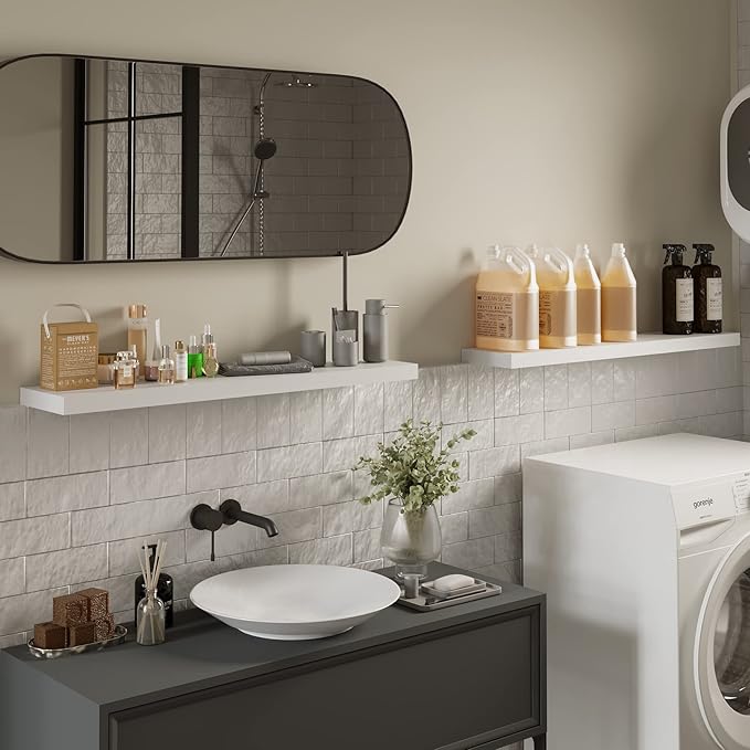 BAMEOS Floating Shelves, 35 in W x 7in D White Wall Mounted Wooden Shelves with Invisible Brackets Set of 2, Hanging Wall Shelves Decoration for Bedroom and Kitchen