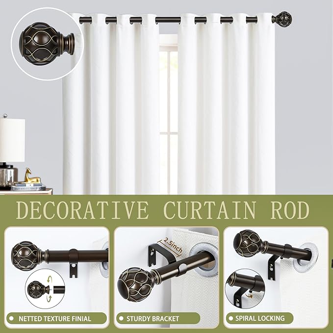 Bronze Farmhouse Curtain Rods for Windows:66-120 Inch Heavy Duty Adjustable Curtain Rod for Bedroom Living Room,Boho Decorative Rustic Drapery Rods with Vintage Coastal Finial,Antique Bronze