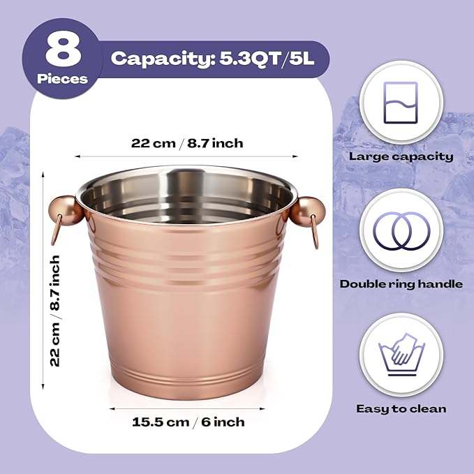 Amyhill 8 Pack Stainless Steel Ice Bucket 5.3 Quart/ 5 Liter with Handle Large Insulated Champagne Buckets Beer Bucket for Cocktail Bar Wine Parties Chilling Wine Champagne Home (Rose Gold)