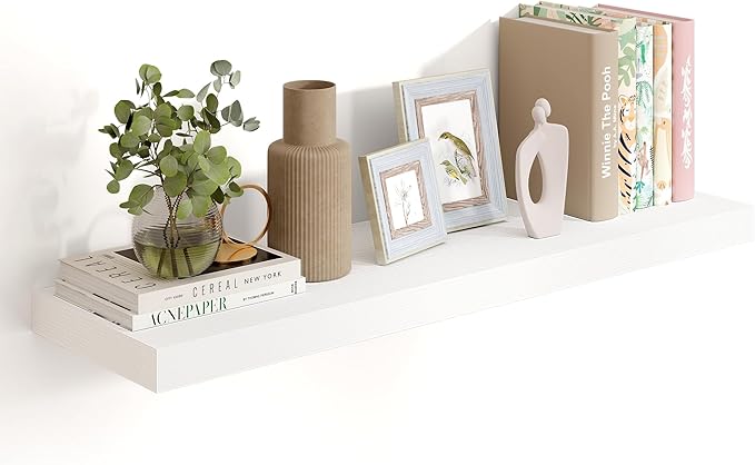 Heimlove 36 Inch White Floating Shelves for Wall,10 Inch Deep Wood Shelves with Invisible Brackets,Wall Mounted Storage & Display Shelves for Bedroom,Living Room,Kitchen,Office