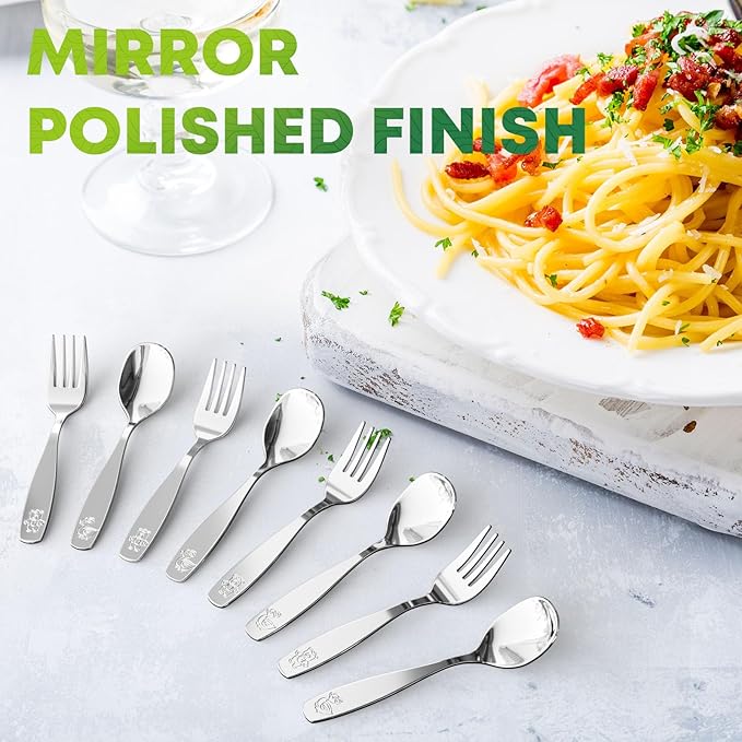 8 Pieces Toddler Utensils, Kids Stainless Steel Silverware Set - 4pcs Forks and 4pcs Spoon, Cute Children Flatware Sets with Mirror Polished, Self Feeding Safe, Dishwasher Safe