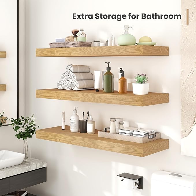 Heimlove 12 Inch Deep Floating Shelves, 12 x 12 inches Long Wall Shelf, Large Extra Display Shelf & Storage Shelf, Rustic Wood Wall Shelves for Fireplace Mantel, Oak - 2Pack