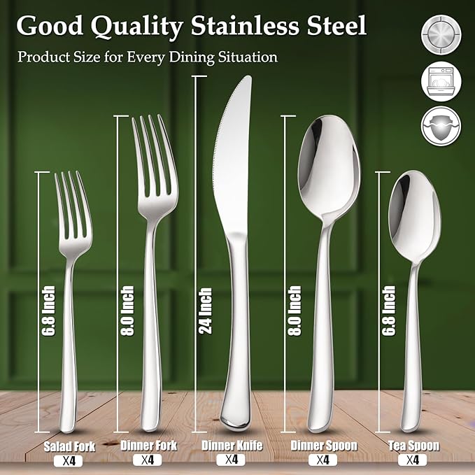 Aisoso 20-Piece High-End Silverware Set with Forks Spoons and Knives, Stainless Steel Serving Utensils for 4 with Mirror Finished Handle, Durability and Dishwasher Safe for Restaurant, Weddings